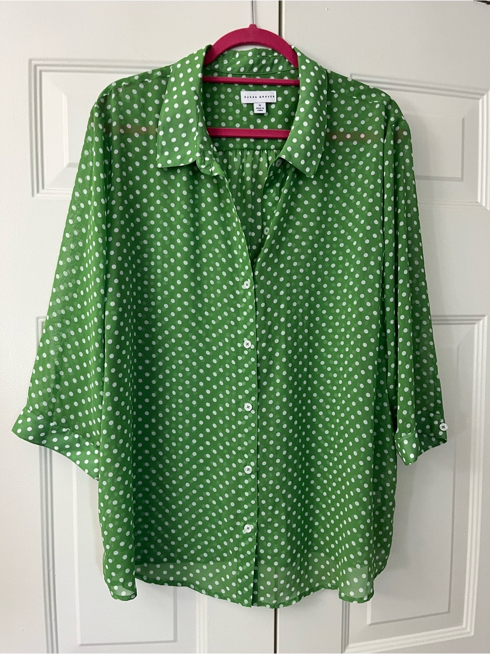Susan Graver Green Polk Dot 3/4 Sleeve Easy-Care Blouse Shirt